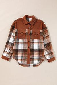 Plaid Corduroy Patchwork Shacket- Brown