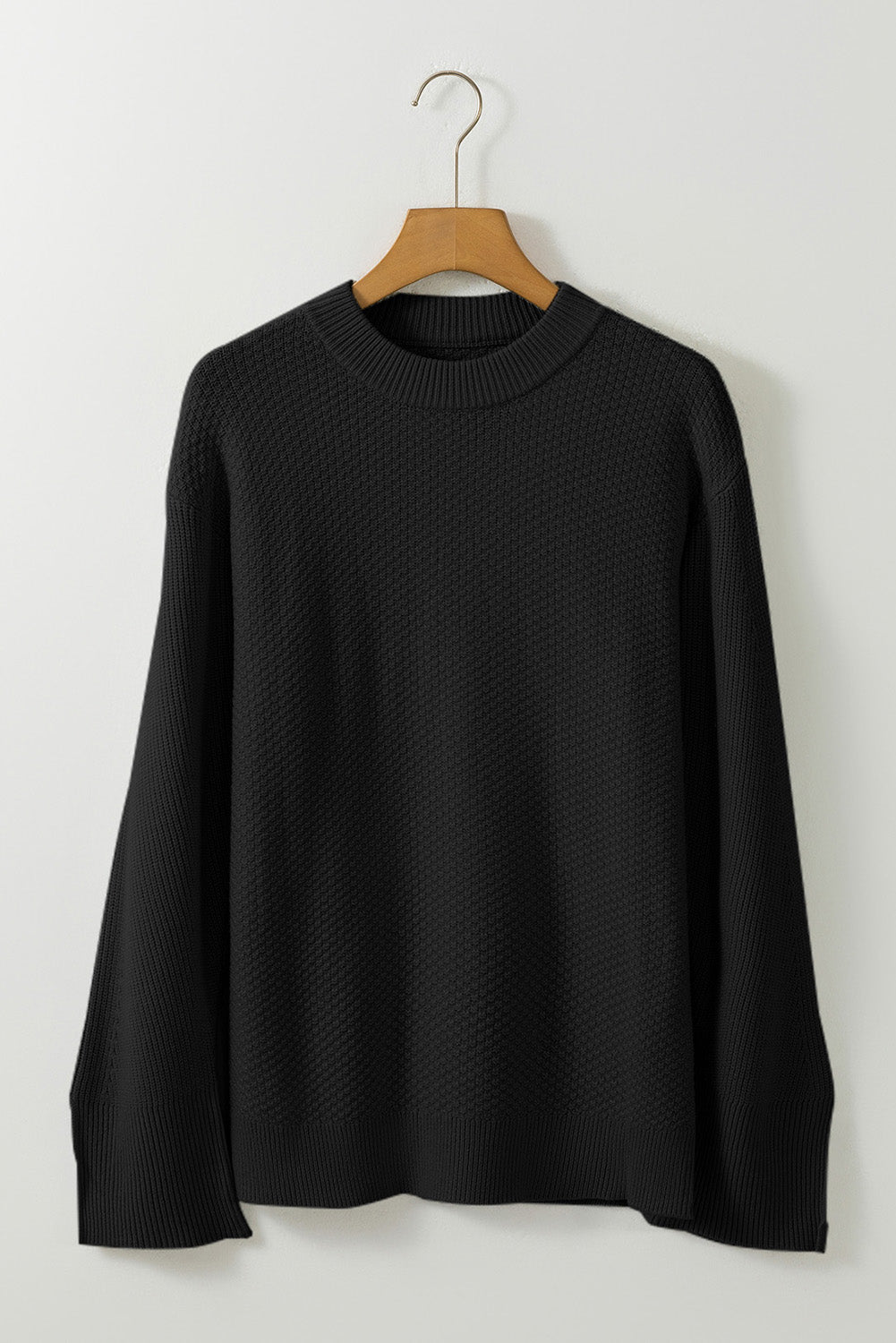 Textured Knit Split Cuff Drop Shoulder Loose Sweater- Black