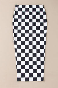 Black and White Checkered Print Side Slit High Waist Midi Skirt