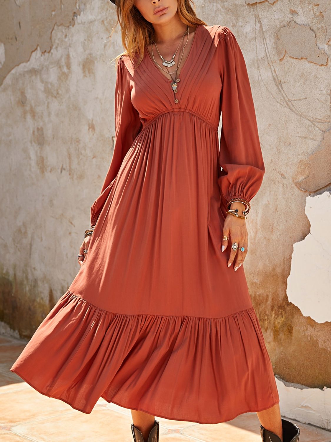 V-Neck Long Sleeve Midi Dress- Orange