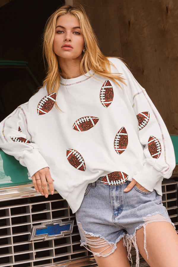 Football Pattern Exposed Seam Game Day Sweatshirt- White