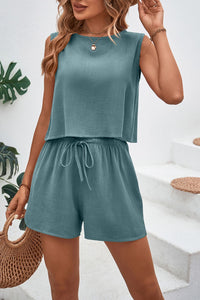 Button Back Top and Drawstring Shorts Set