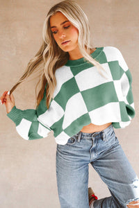 Checkered Bishop Sleeve Sweater- Green