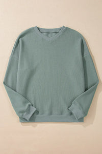 Waffle-Knit Long Sleeve Dropped Shoulder Top