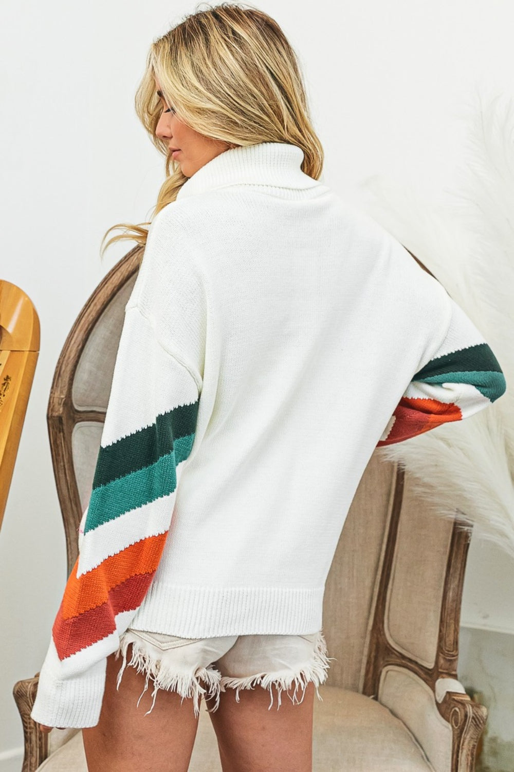 Multi Color Chevron Pattern Quarter Zip Sweater