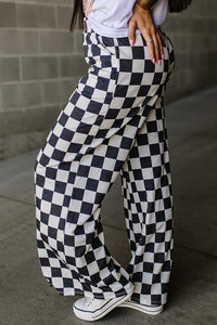 Black and White Checked Print High Waist Wide Leg Pants