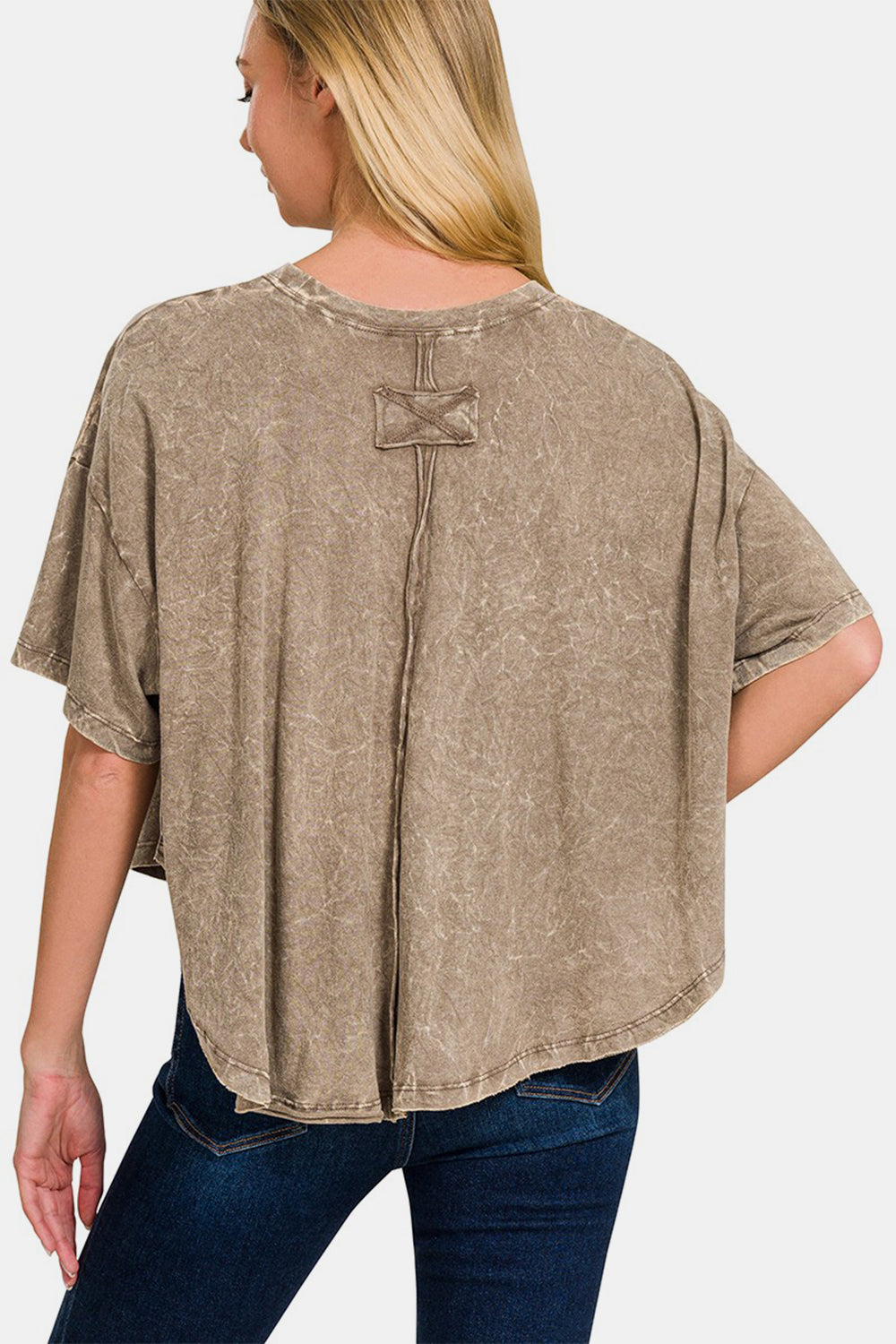 Washed Round Neck Drop Shoulder Cropped T-Shirt