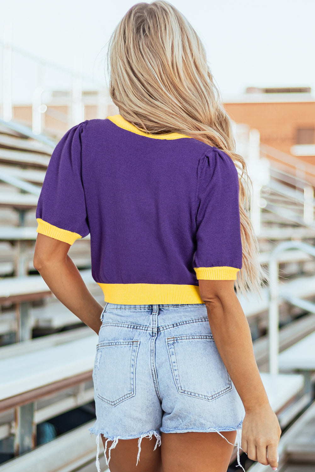 Sequin Football Color Block Short Sleeve Sweater- Purple