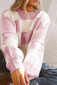 Checkered Bishop Sleeve Sweater- Pink