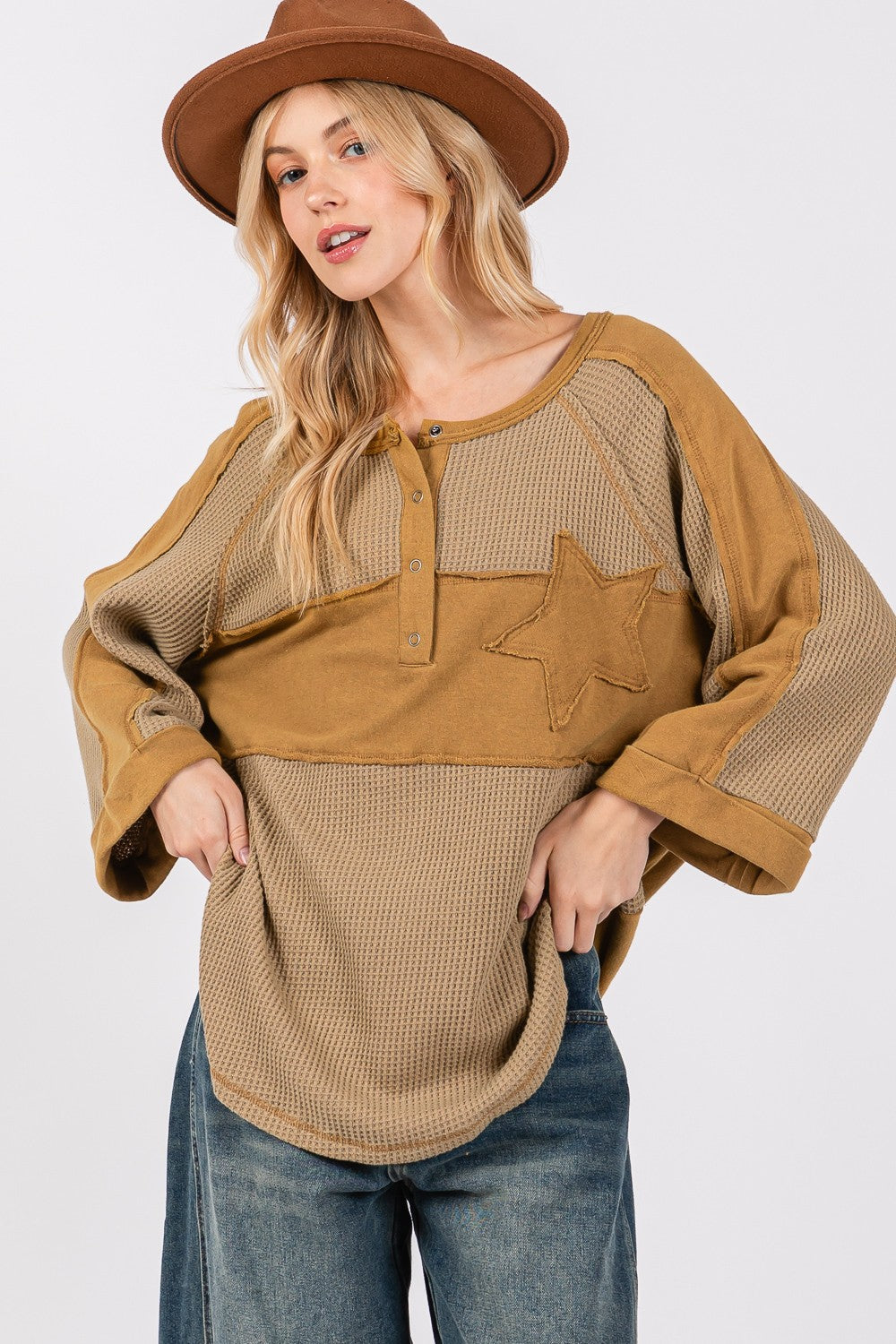 Star Patch Exposed Seam Waffle Knit Top