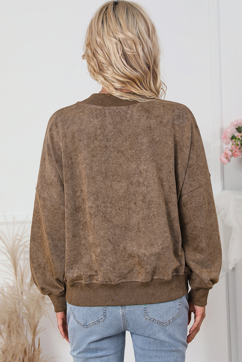 Crew Neck Acid Washed Sweatshirt- Brown