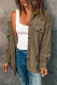 Fuzzy Button Down Shacket- Army Green