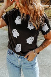 Ghost Pattern Crew Neck Halloween T Shirt- Black