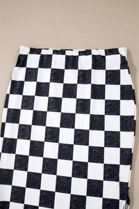 Black and White Checkered Print Side Slit High Waist Midi Skirt