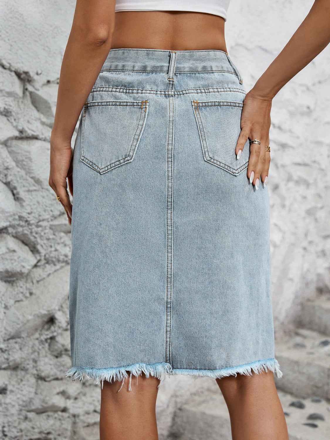 Raw Hem Slit Midi Denim Skirt