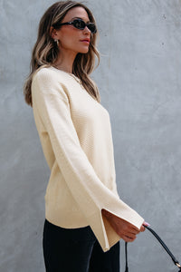 Textured Knit Split Cuff Drop Shoulder Loose Sweater- Cream