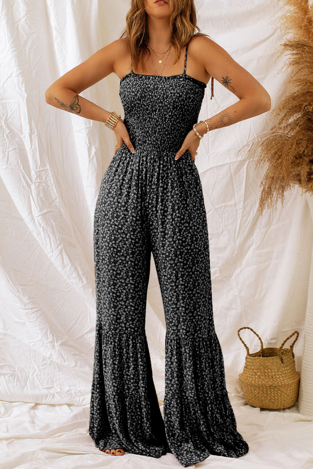 Floral Wide Leg Jumpsuit- Black