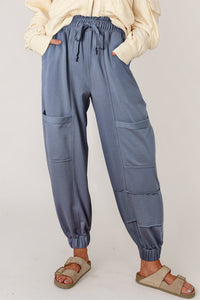 Lindy Mineral Wash Multi Pockets Lace-up Waist Harem Pants- Blue