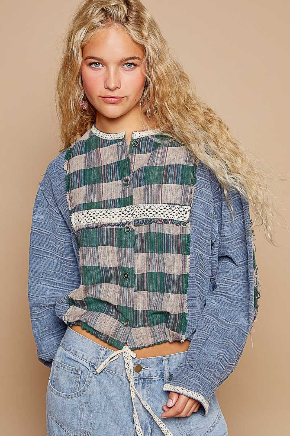 Patch Work Long Sleeve Plaid Shirt