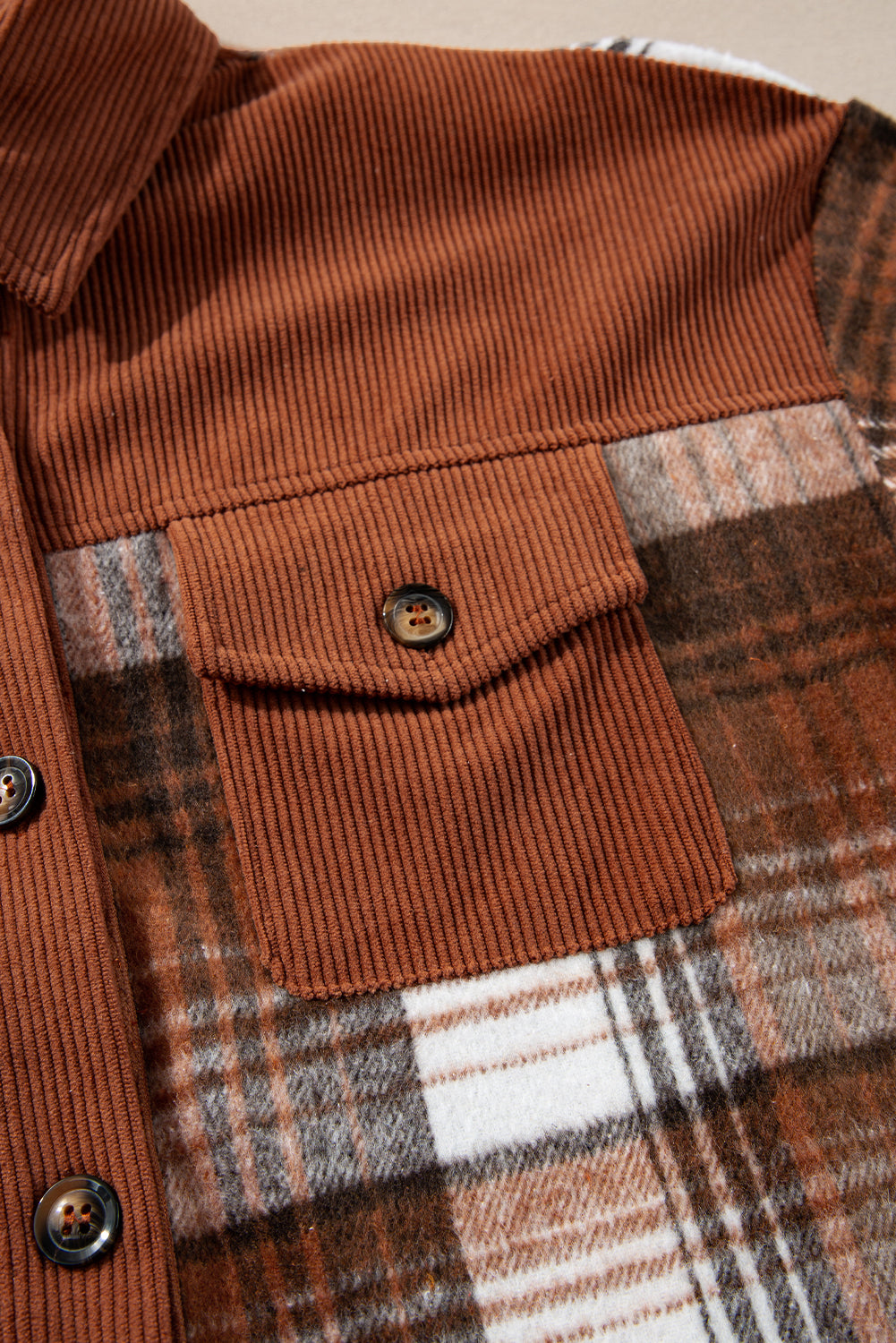 Plaid Corduroy Patchwork Shacket- Brown