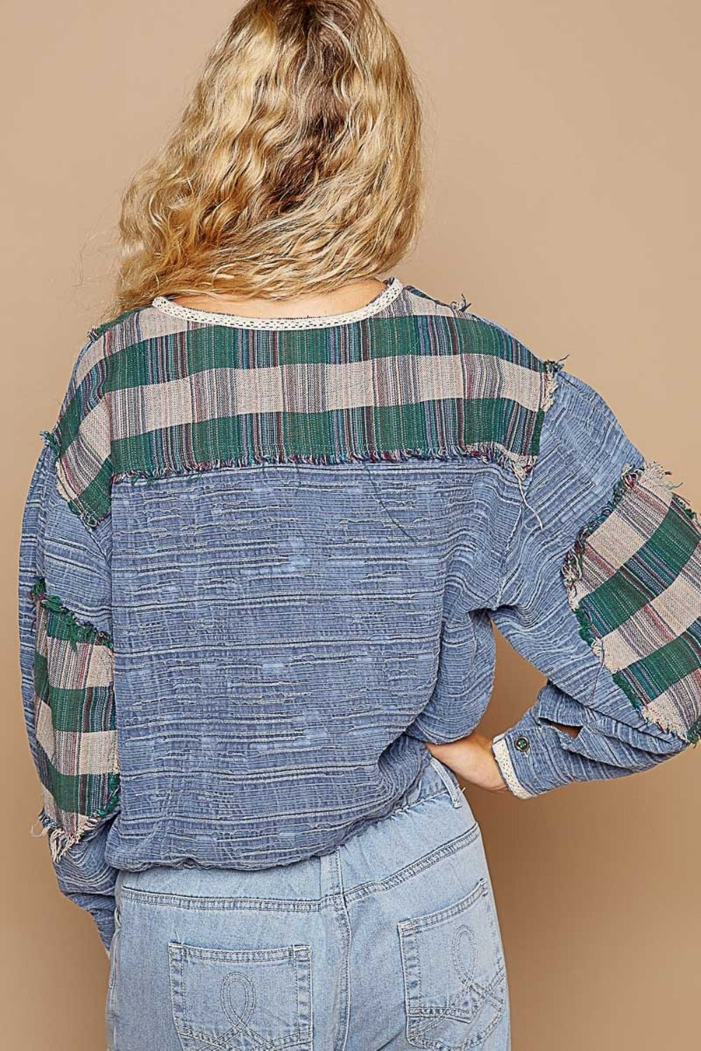 Patch Work Long Sleeve Plaid Shirt