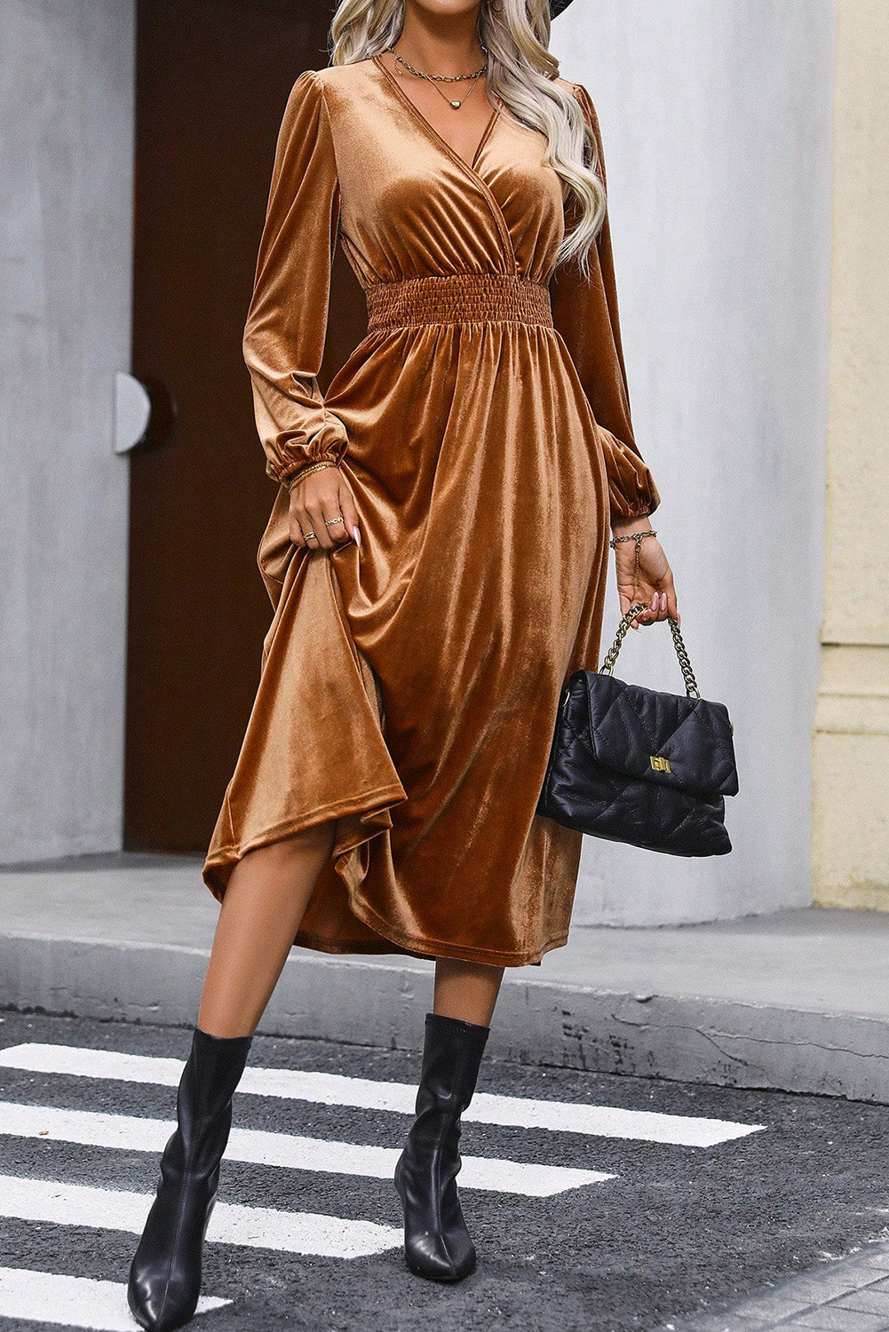 Wrap V Neck High Waist Velvet Midi Dress- Camel