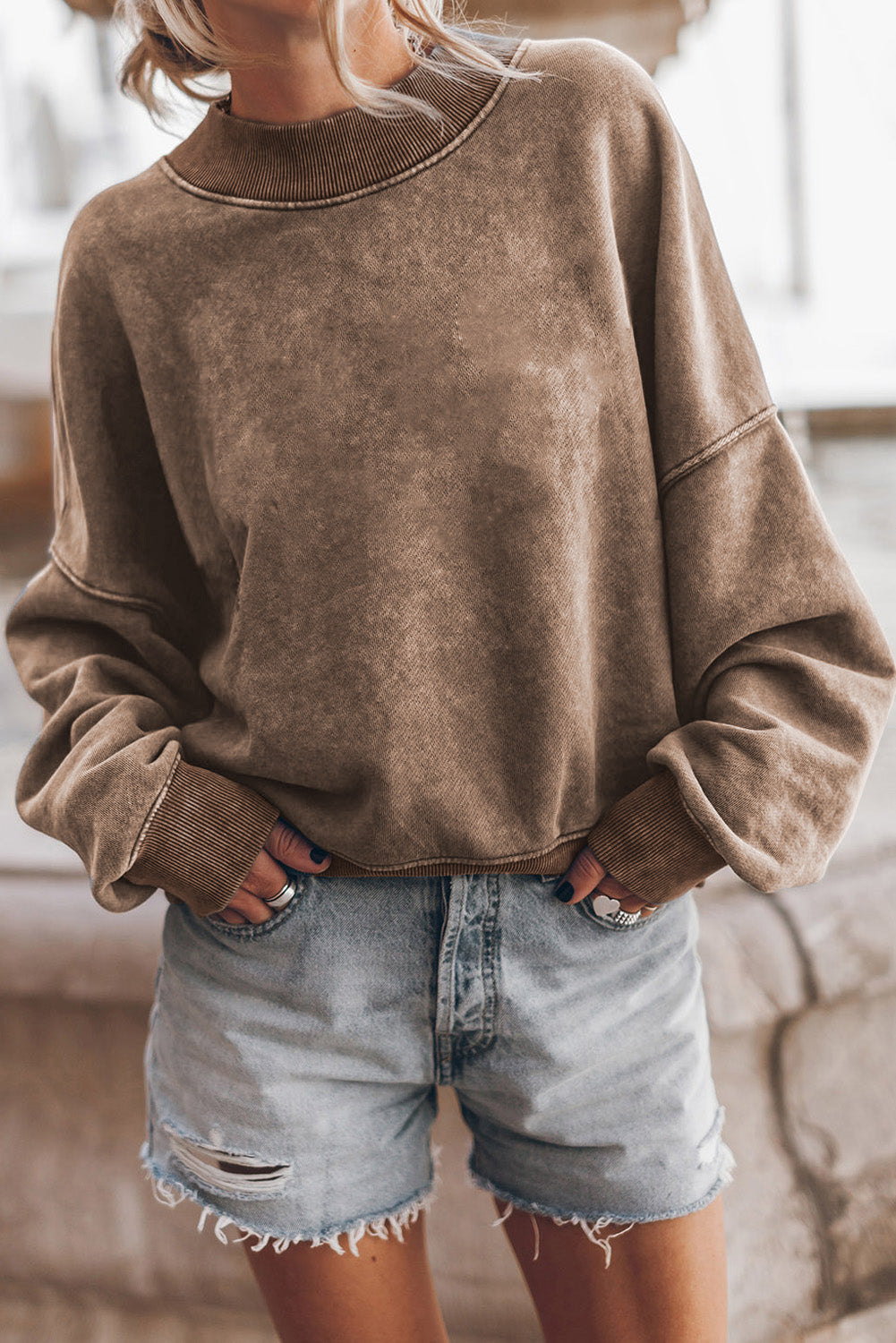 Crew Neck Acid Washed Sweatshirt- Brown