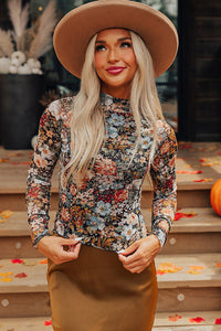 Floral Long Sleeve High Neck Sheath Mesh Top