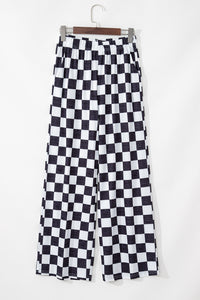 Black and White Checked Print High Waist Wide Leg Pants