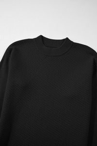 Textured Knit Split Cuff Drop Shoulder Loose Sweater- Black