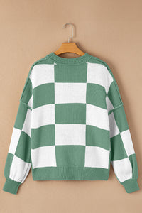 Checkered Bishop Sleeve Sweater- Green