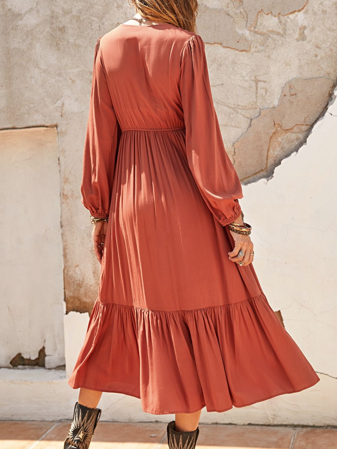 V-Neck Long Sleeve Midi Dress- Orange