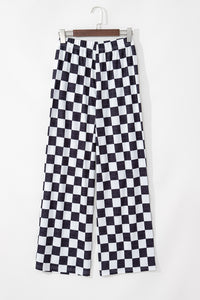 Black and White Checked Print High Waist Wide Leg Pants