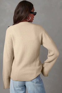 Textured Knit Split Cuff Drop Shoulder Loose Sweater- Cream