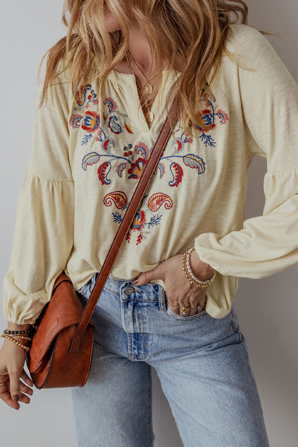 Paisley Embroidered V Neck Blouse