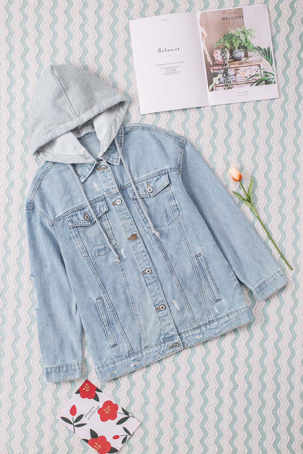 Distressed Button Closure Hooded Denim Jacket