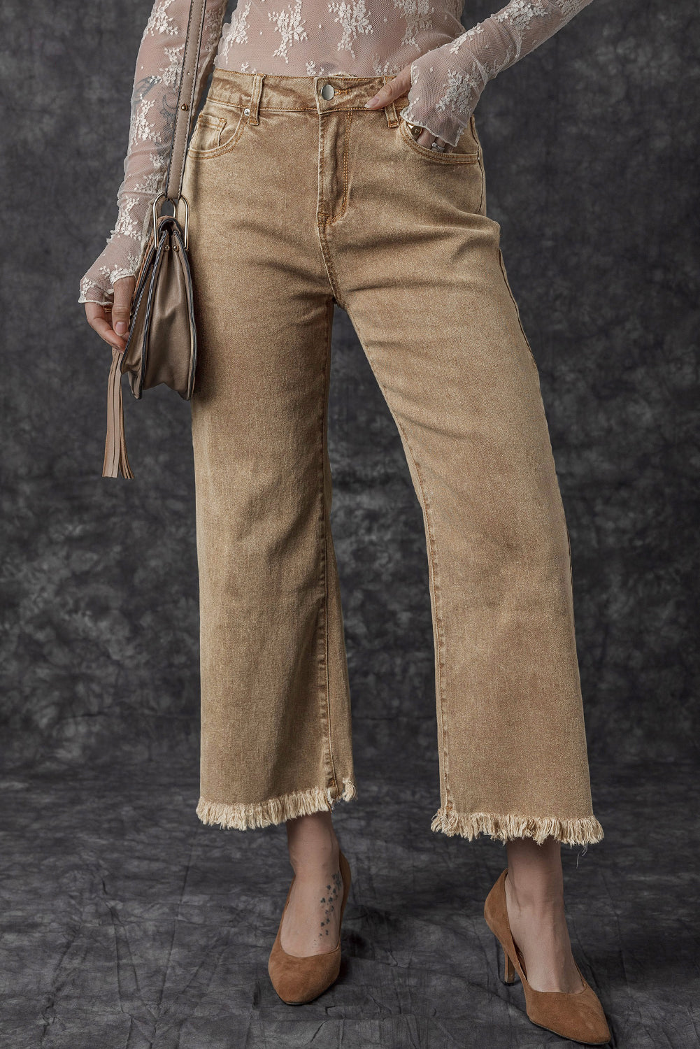 Ava High Rise Cropped Wide Leg Jeans- Beige