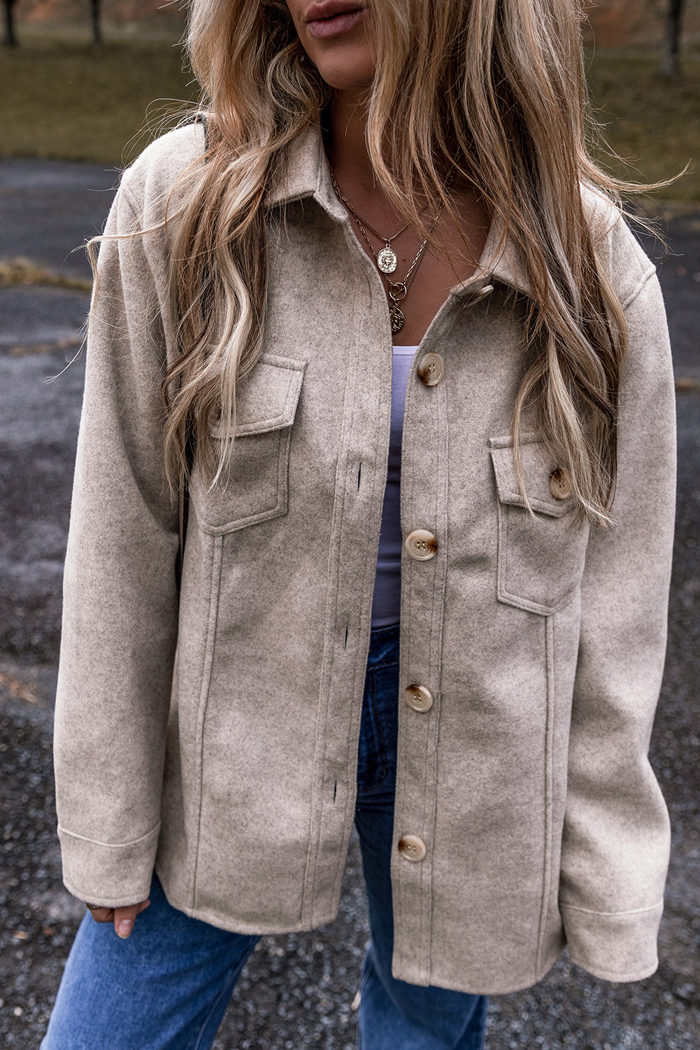 Felt Buttoned Down Shacket- Light Gray