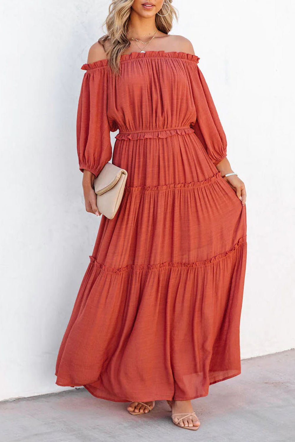 Off Shoulder Long Sleeve Maxi Dress- Orange