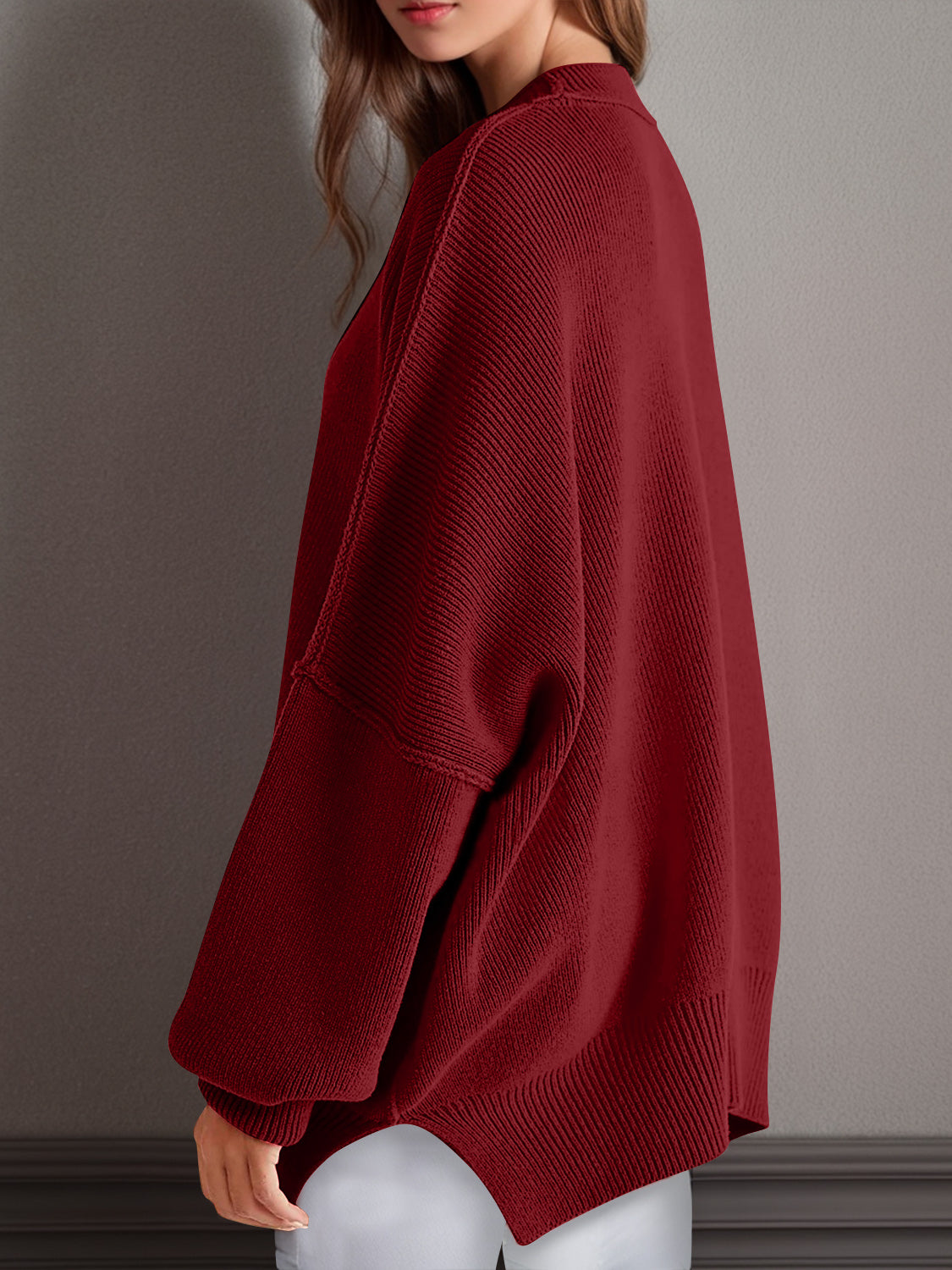 Side Slit Round Neck Long Sleeve Sweater