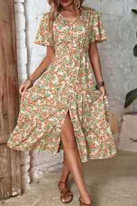 Perfee Floral V-Neck Front Slit Dress