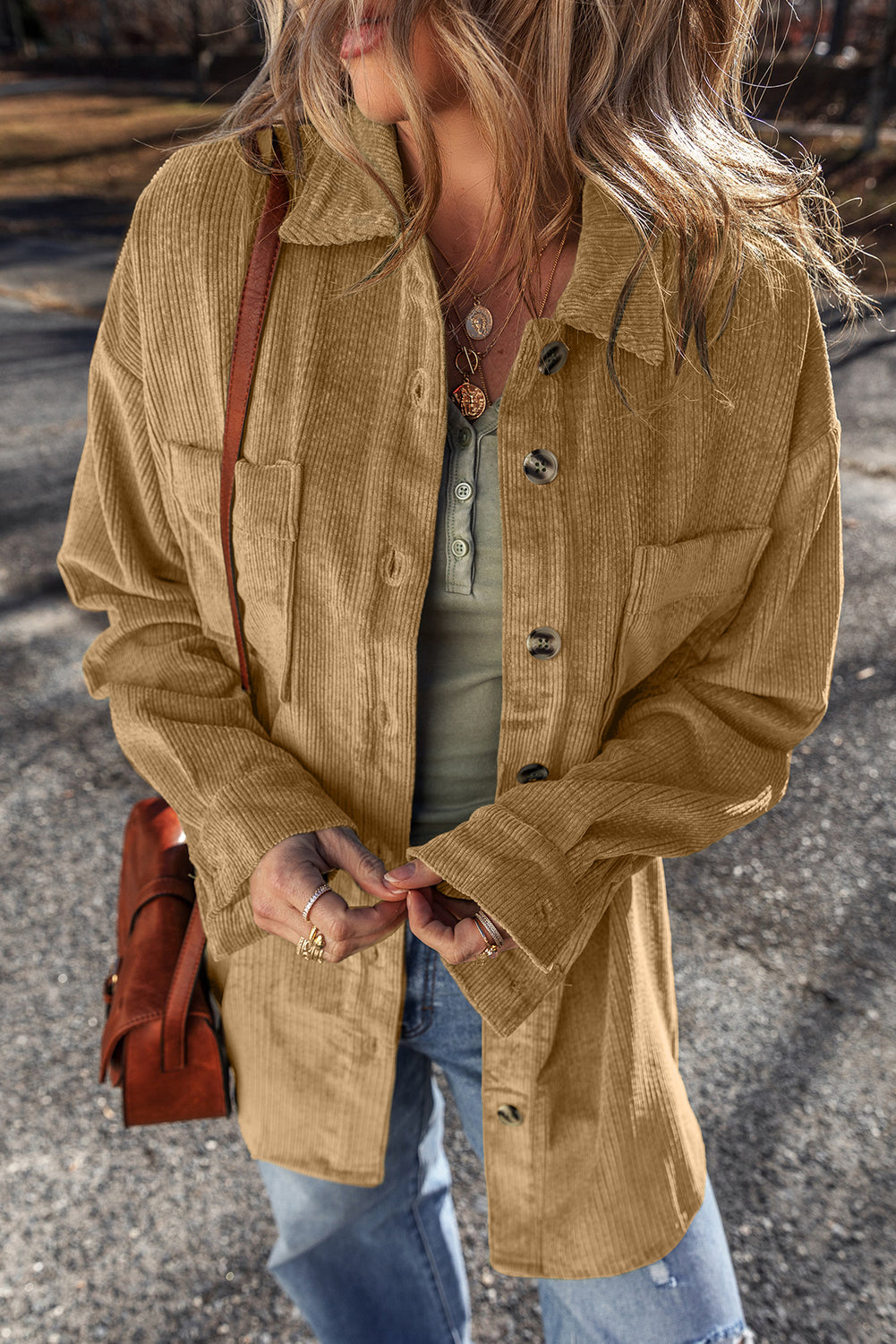 Corduroy Button Up Shacket- Beige