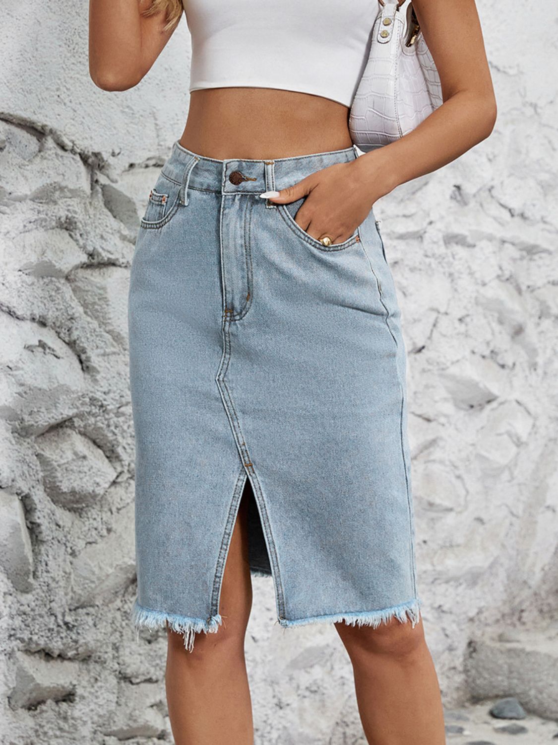 Raw Hem Slit Midi Denim Skirt