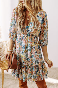 Floral 3/4 Sleeve V Neck High Waist Ruffle Mini Dress