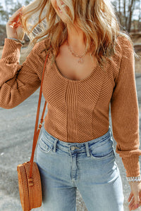 Textured Long Sleeve Top- Brown