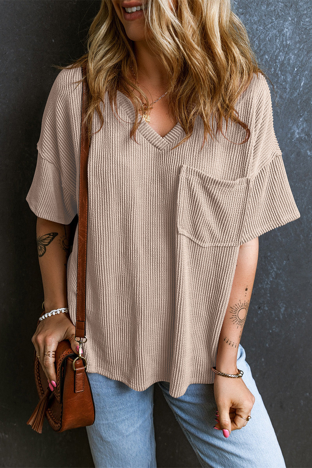 Textured V-Neck Dropped Shoulder T-Shirt