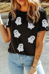 Ghost Pattern Crew Neck Halloween T Shirt- Black