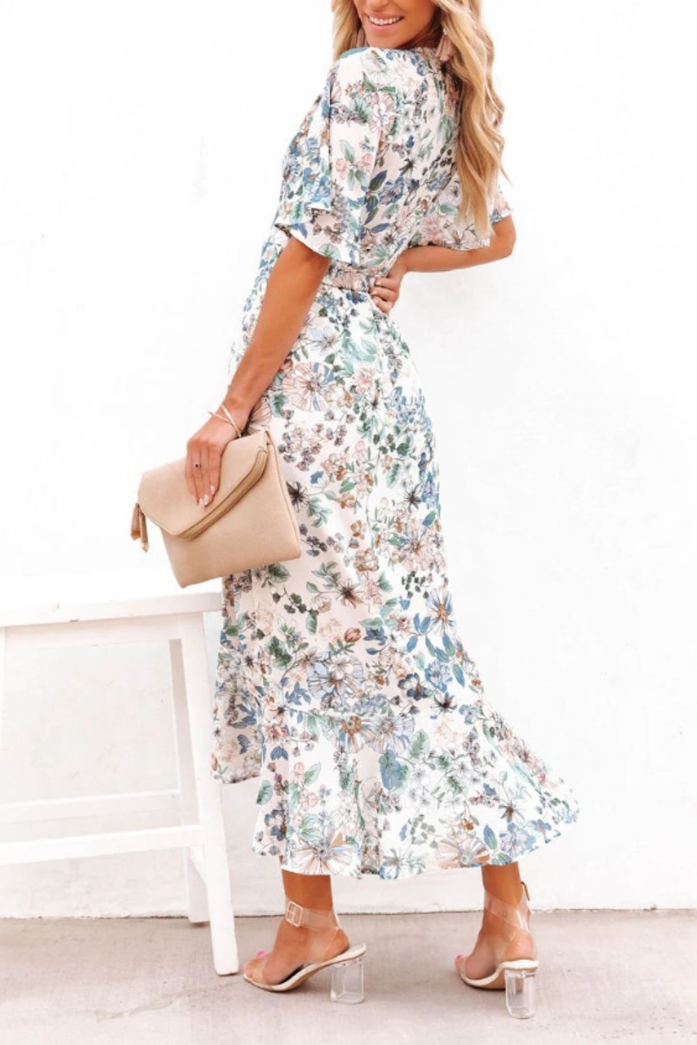 High-Low Floral Flutter Sleeve Midi Dress