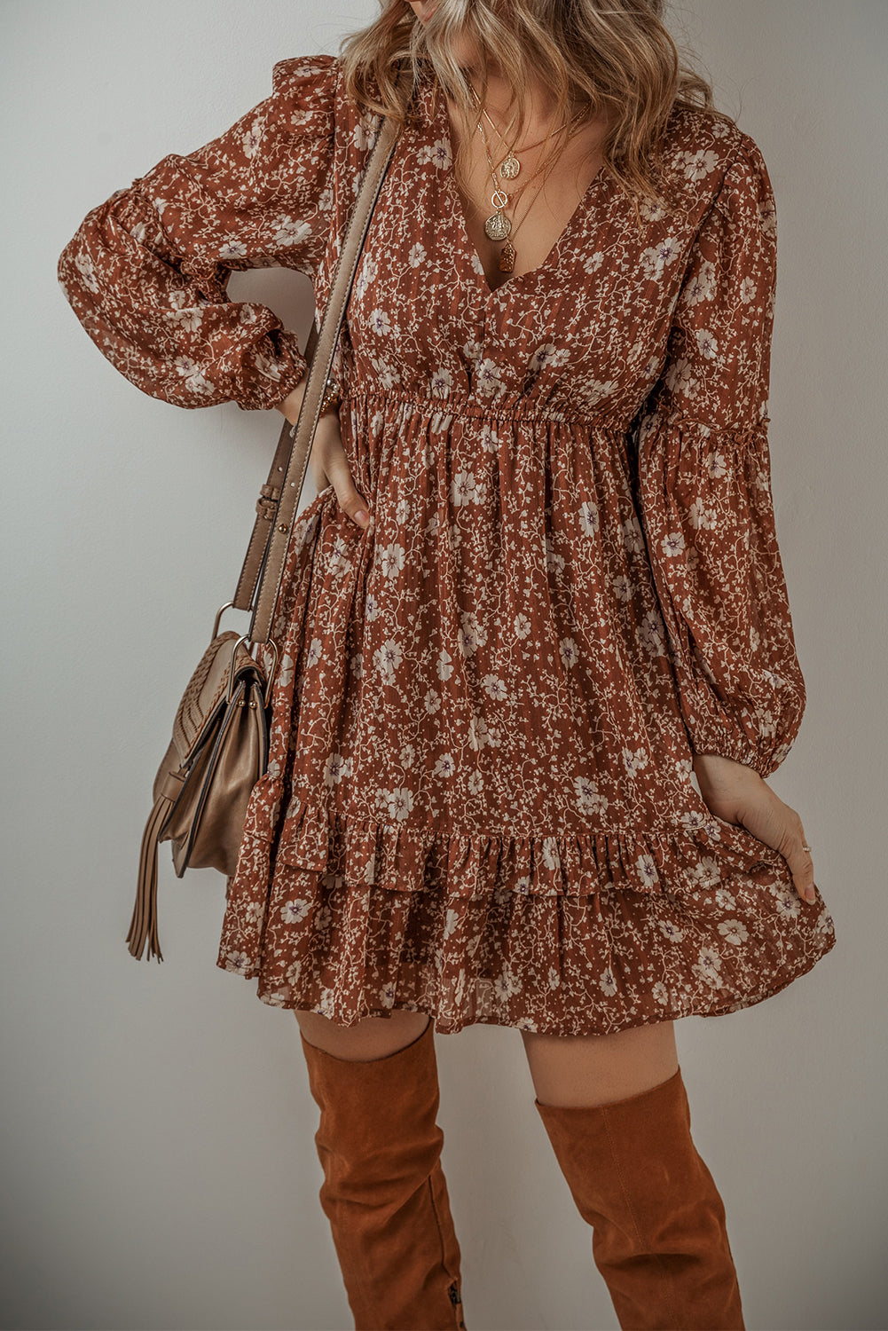 Boho Floral Long Sleeve Mini Dress