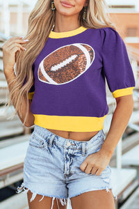 Sequin Football Color Block Short Sleeve Sweater- Purple